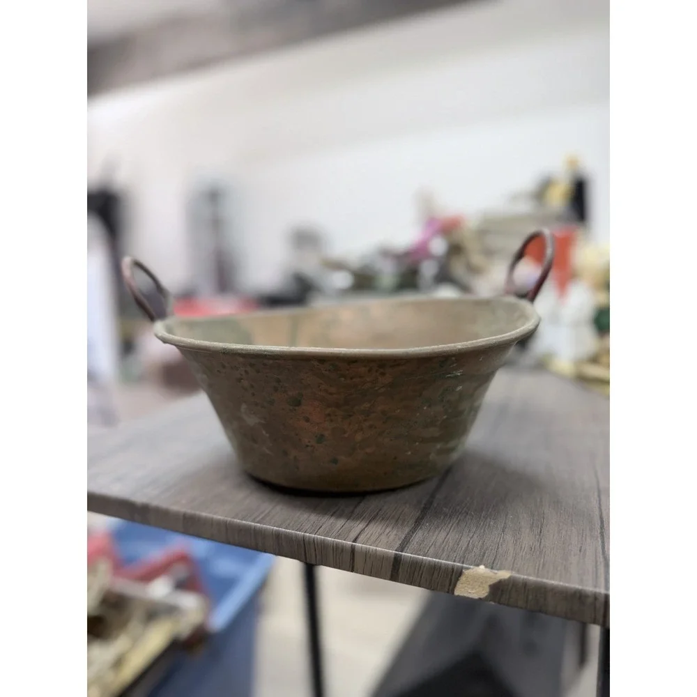 Antique Hammered Copper Pot With Handles  Decor Use Only